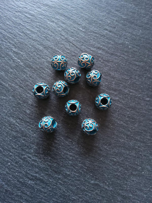 4 or 20 Patterned 10mm Ball Beads Antique Copper Tone Alloy with Blue Patina. 11x10mm Hole: 4.4mm