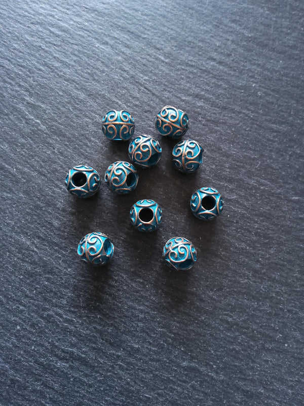 4 or 20 Patterned 10mm Ball Beads Antique Copper Tone Alloy with Blue Patina. 11x10mm Hole: 4.4mm