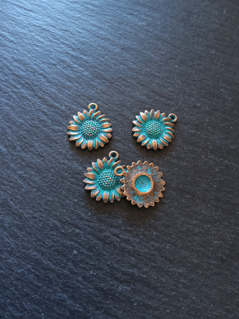 8 or 40 Antique Copper Sunflower Charms with Blue Patina 20x17x2.5mm