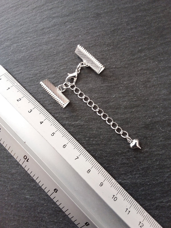 5 Silver Plated Crimp End Sets for 25mm (1") Ribbon with HEART Extender Chain