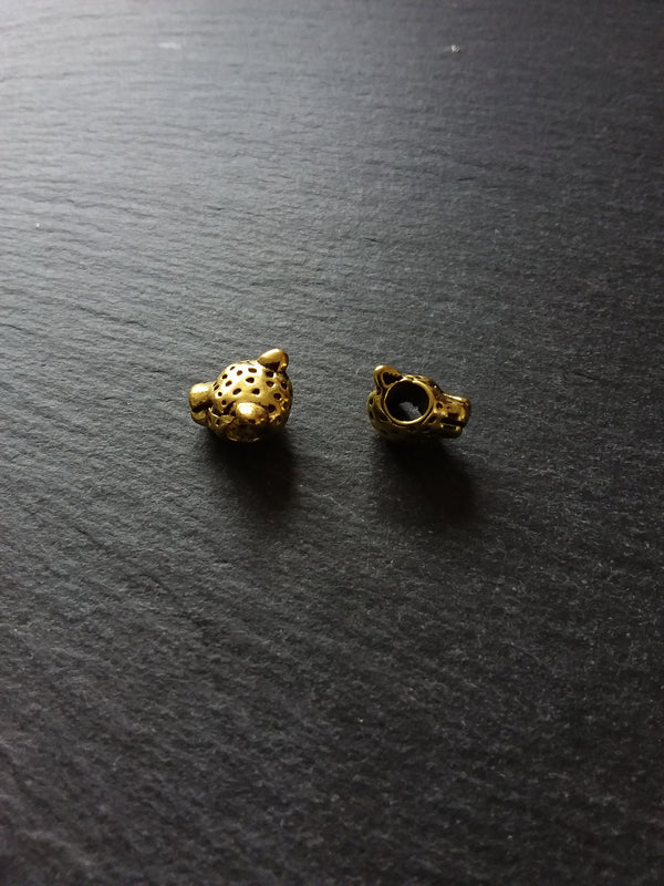 Leopard Jaguar Head Beads 12mm Antique Gold Tone Metal Alloy. Hole: 4.3mm