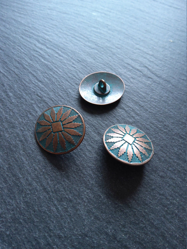 4 or 20 Oval Metal Shank Buttons Antique Copper Tone with Blue Patina 25x22mm (1"x7/8")