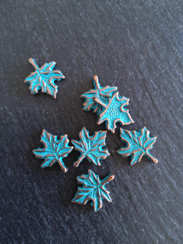10 or 50 Antique Copper Tone Maple Leaf Charms with Blue Patina 17x13mm