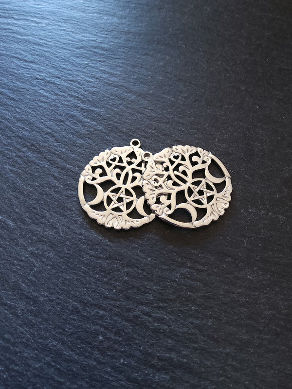 1 or 5 Stainless Steel Triple Moon Tree of Life Pendants 33.5x30x1.5mm