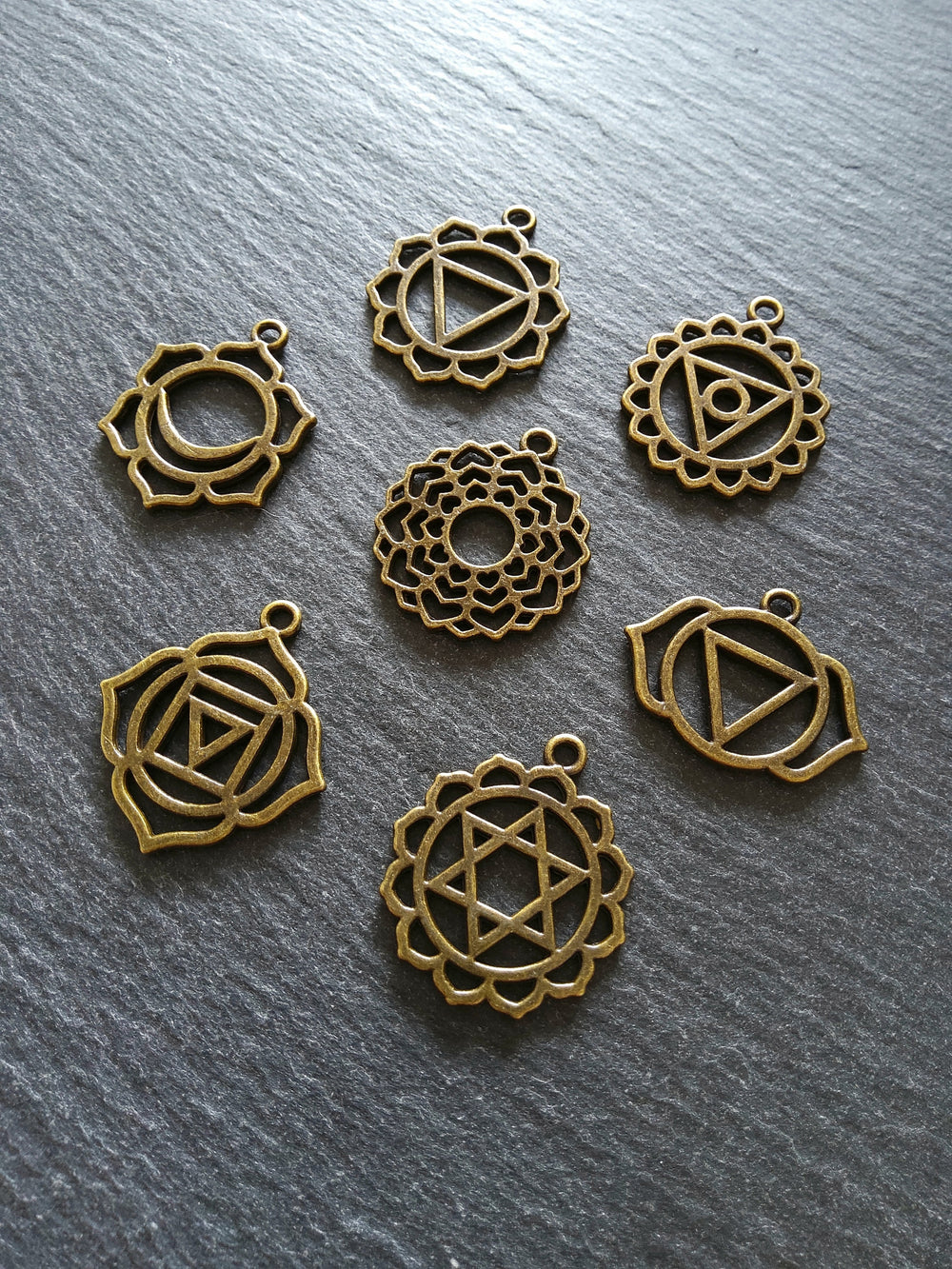 1 Full Set of The Seven Chakras Pendants in Antique Bronze Tone Metal Alloy average 30x25mm
