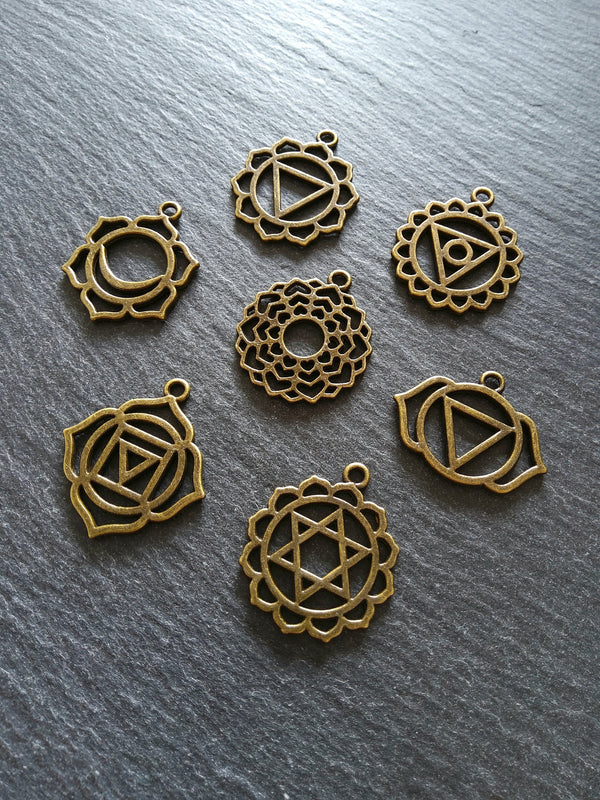 1 Full Set of The Seven Chakras Pendants in Antique Bronze Tone Metal Alloy average 30x25mm