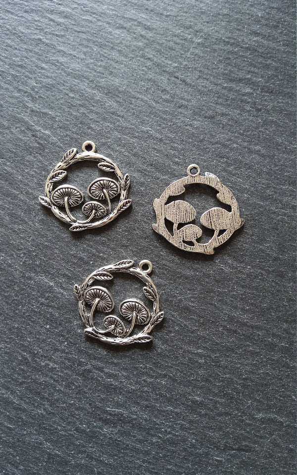 4 or 20 Mushroom Toadstool Round Forest Medium Charms Antique Silver Tone 26x25mm