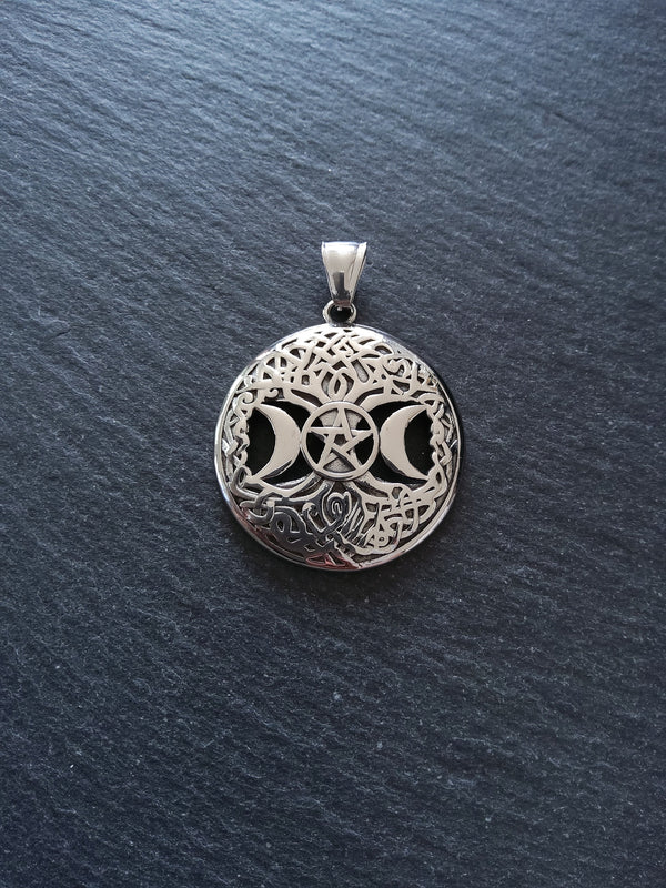 Stainless Steel Round Triple Moon Pentagram Pendant Silver Tone 40x36mm