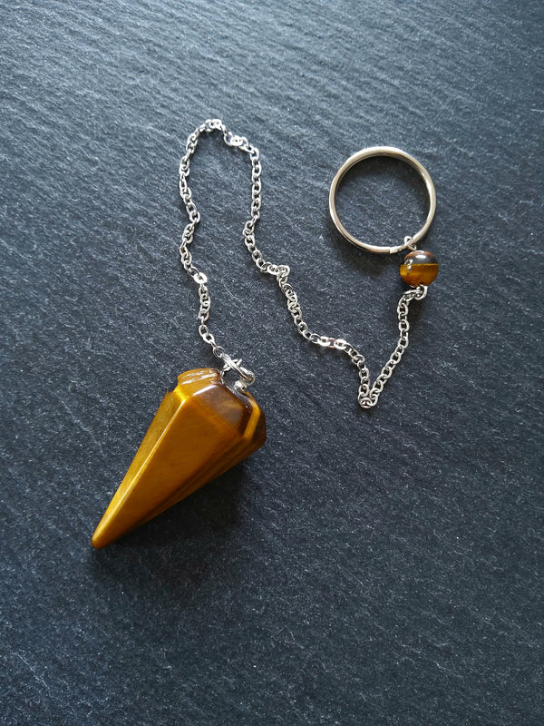 Dowsing Pendulum Natural Tigers Eye Faceted Cone with Velvet Pouch
