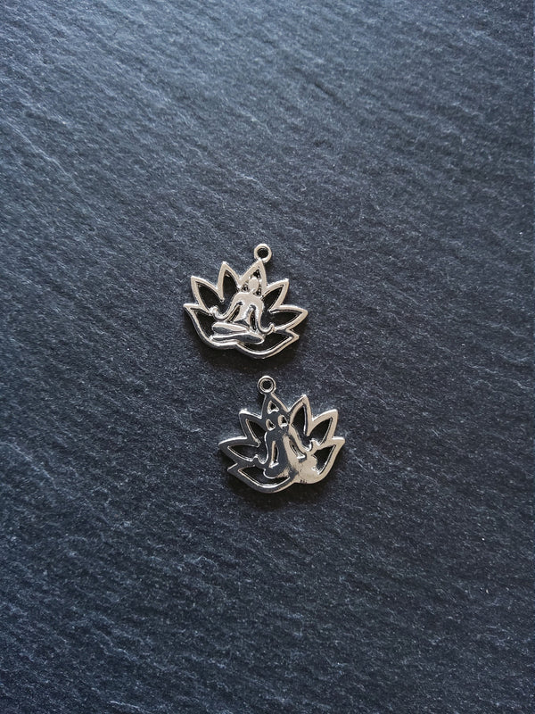 10 or 50 Antique Silver Tone Lotus Flower Meditation Yoga Charms 18x17mm