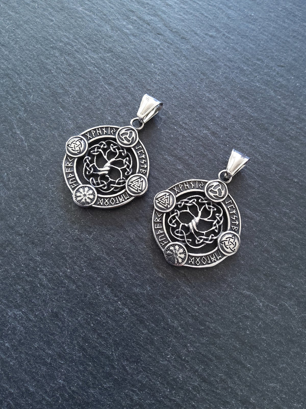Round Viking Symbol Pendant with Tree of Life Stainless Steel 38x33mm