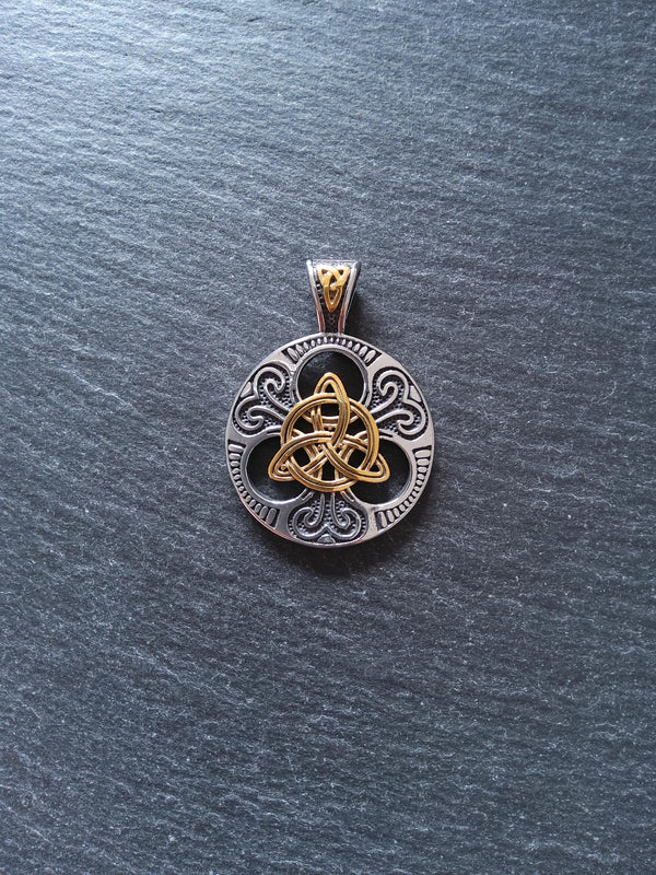 Stainless Steel Trinity Celtic Knot Silver & Gold Large Pendant 45x33x8mm