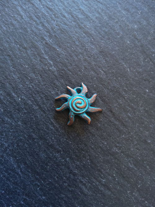 10 or 50 Antique Copper Sun Charms with Blue Patina 18x17x4mm