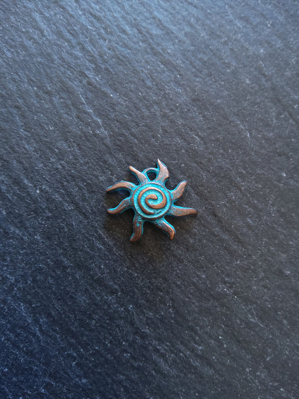10 or 50 Antique Copper Sun Charms with Blue Patina 18x17x4mm
