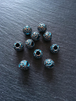 4 or 20 Patterned 10mm Ball Beads Antique Copper Tone Alloy with Blue Patina. 11x10mm Hole: 4.4mm