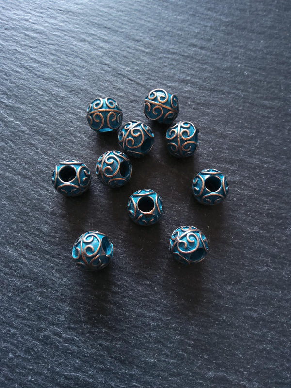 4 or 20 Patterned 10mm Ball Beads Antique Copper Tone Alloy with Blue Patina. 11x10mm Hole: 4.4mm