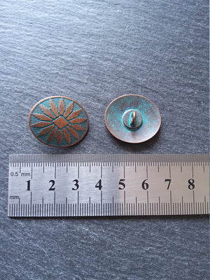 4 or 20 Oval Metal Shank Buttons Antique Copper Tone with Blue Patina 25x22mm (1"x7/8")