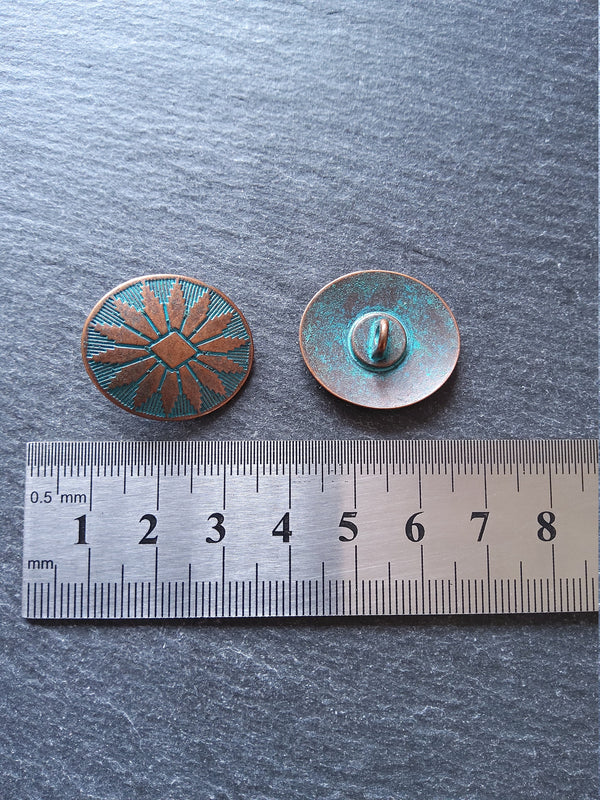4 or 20 Oval Metal Shank Buttons Antique Copper Tone with Blue Patina 25x22mm (1"x7/8")