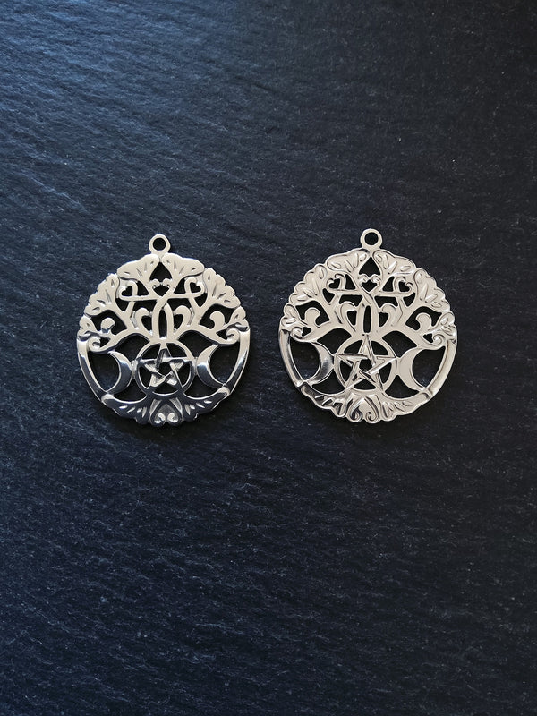 1 or 5 Stainless Steel Triple Moon Tree of Life Pendants 33.5x30x1.5mm