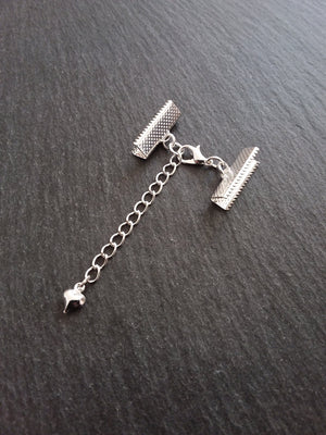 5 Silver Plated Crimp End Sets for 25mm (1") Ribbon with HEART Extender Chain