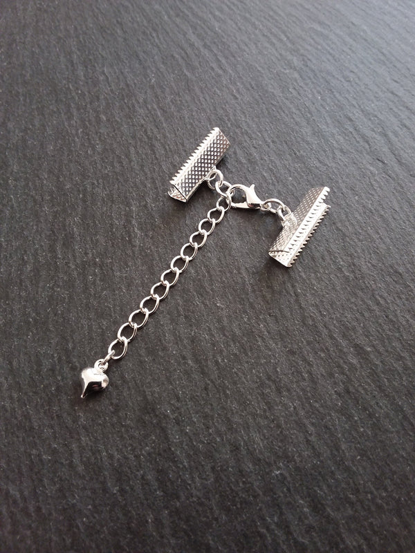 5 Silver Plated Crimp End Sets for 25mm (1") Ribbon with HEART Extender Chain