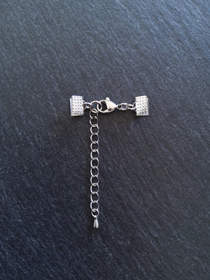 5 or 25 Patterned Stainless Steel Crimp End Sets for 8mm (5/16 inch) Ribbon with Extender Chain