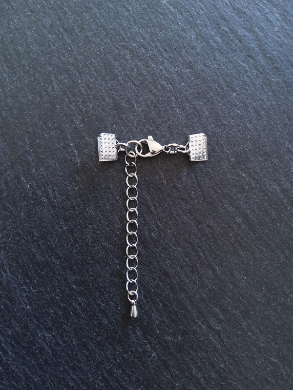 5 or 25 Patterned Stainless Steel Crimp End Sets for 8mm (5/16 inch) Ribbon with Extender Chain