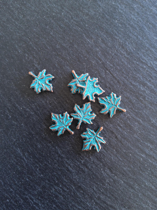10 or 50 Antique Copper Tone Maple Leaf Charms with Blue Patina 17x13mm