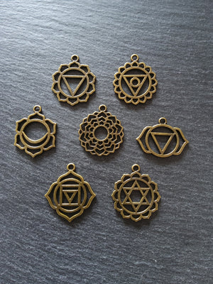 1 Full Set of The Seven Chakras Pendants in Antique Bronze Tone Metal Alloy average 30x25mm
