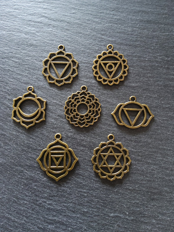 1 Full Set of The Seven Chakras Pendants in Antique Bronze Tone Metal Alloy average 30x25mm