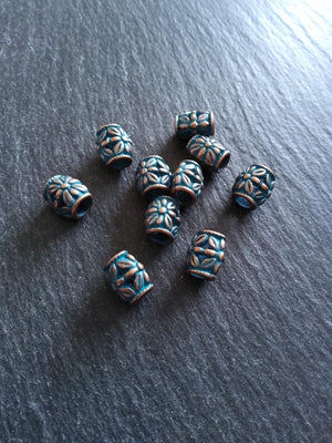 6 or 30 Flower Patterned 10mm Charm Beads Antique Copper Tone Alloy with Blue Patina Hole: 5mm