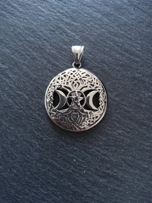 Stainless Steel Round Triple Moon Pentagram Pendant Silver Tone 40x36mm