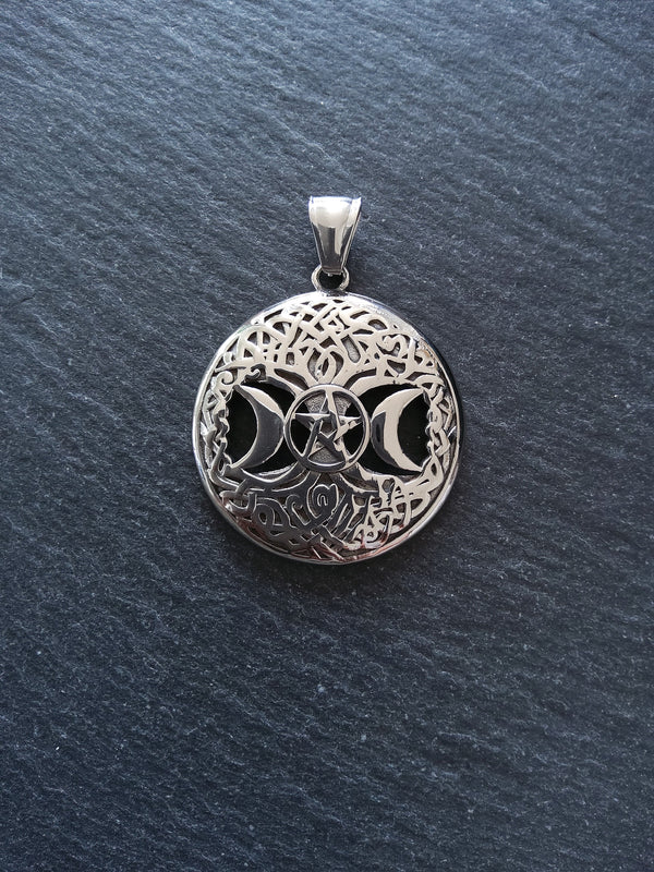 Stainless Steel Round Triple Moon Pentagram Pendant Silver Tone 40x36mm