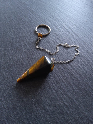 Dowsing Pendulum Natural Tigers Eye Faceted Cone with Velvet Pouch