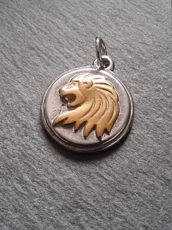 Surgical Steel Lion Charm Pendant Silver & Gold Tone 19x23x4mm