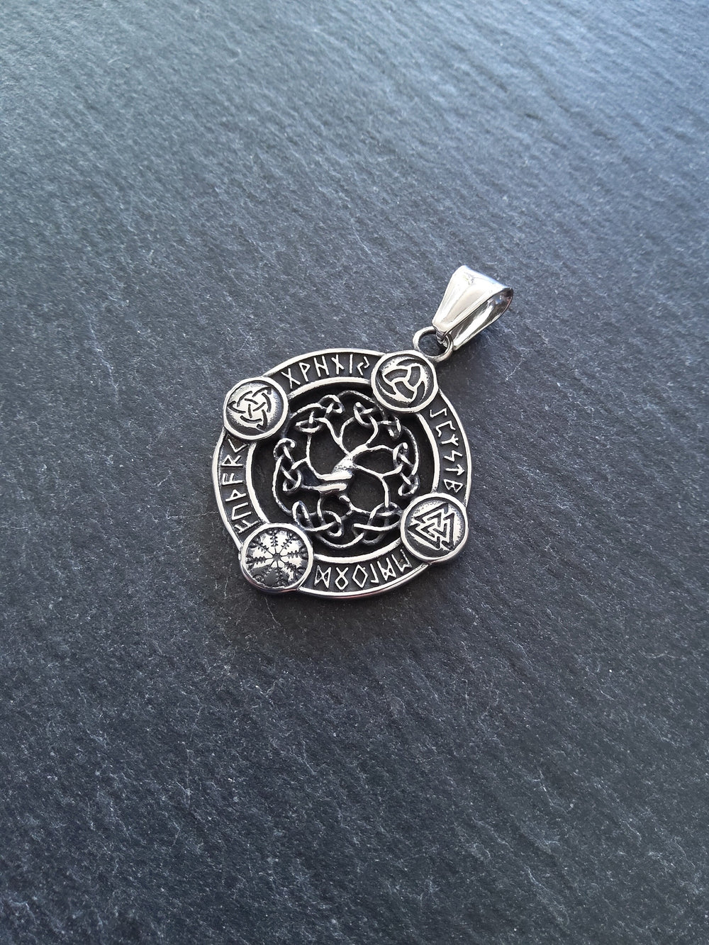 Round Viking Symbol Pendant with Tree of Life Stainless Steel 38x33mm