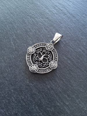 Round Viking Symbol Pendant with Tree of Life Stainless Steel 38x33mm