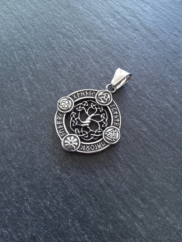 Round Viking Symbol Pendant with Tree of Life Stainless Steel 38x33mm