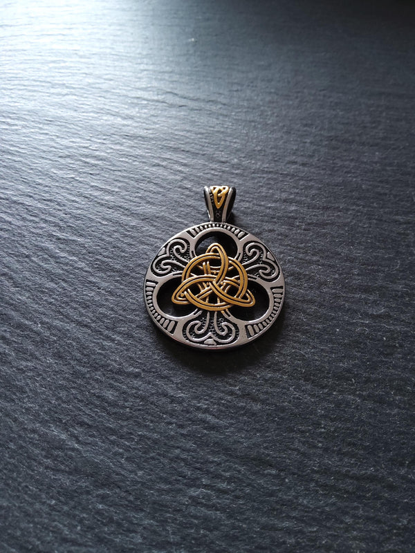 Stainless Steel Trinity Celtic Knot Silver & Gold Large Pendant 45x33x8mm