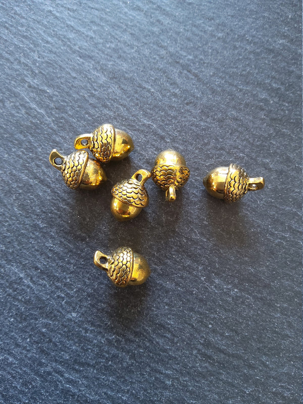 6 or 30 Acorn Charms Antique Gold Tone Solid Metal Alloy 14x10mm