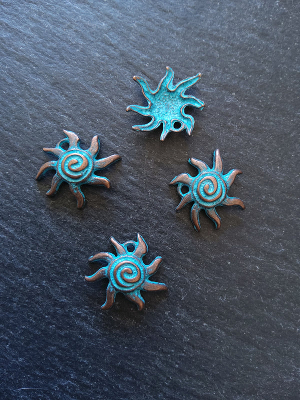 10 or 50 Antique Copper Sun Charms with Blue Patina 18x17x4mm
