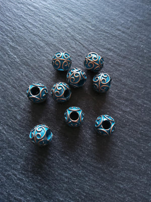 4 or 20 Patterned 10mm Ball Beads Antique Copper Tone Alloy with Blue Patina. 11x10mm Hole: 4.4mm