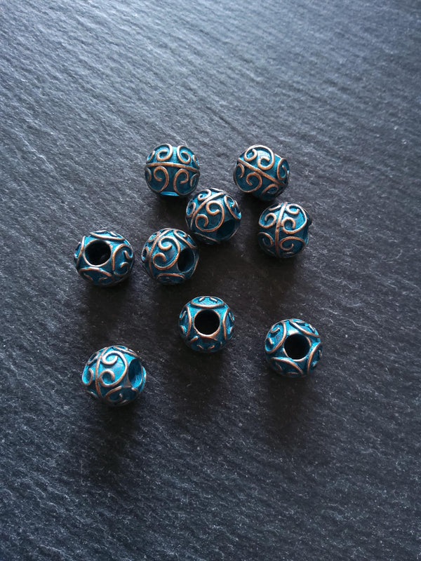 4 or 20 Patterned 10mm Ball Beads Antique Copper Tone Alloy with Blue Patina. 11x10mm Hole: 4.4mm
