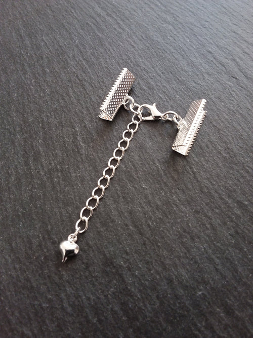 5 Silver Plated Crimp End Sets for 25mm (1") Ribbon with HEART Extender Chain