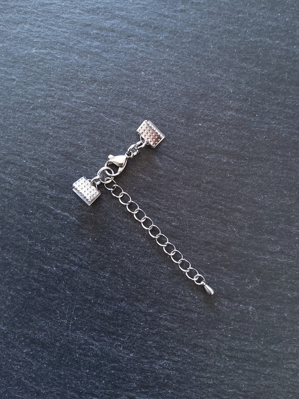 5 or 25 Patterned Stainless Steel Crimp End Sets for 8mm (5/16 inch) Ribbon with Extender Chain