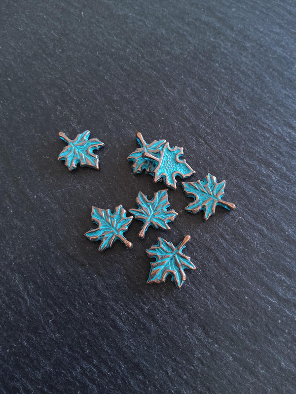 10 or 50 Antique Copper Tone Maple Leaf Charms with Blue Patina 17x13mm