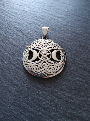Stainless Steel Round Triple Moon Pentagram Pendant Silver Tone 40x36mm