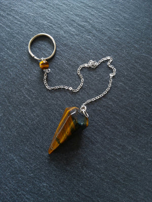 Dowsing Pendulum Natural Tigers Eye Faceted Cone with Velvet Pouch