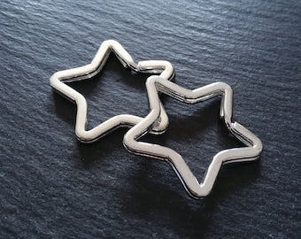 2 or 10 Star Shaped Keyring Rings Bright Silver Plated 34x33mm