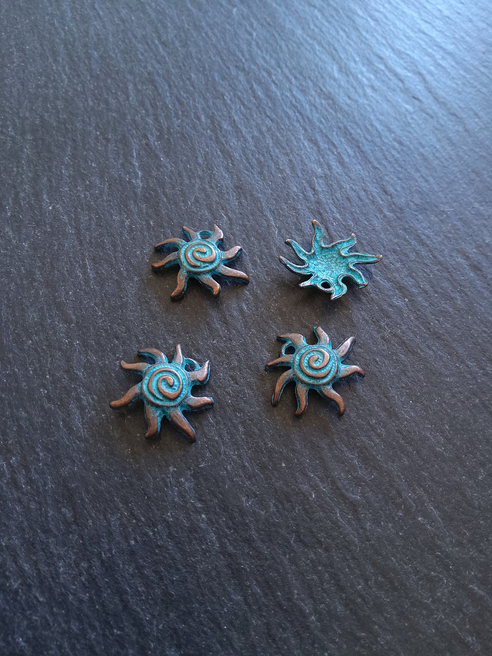 10 or 50 Antique Copper Sun Charms with Blue Patina 18x17x4mm